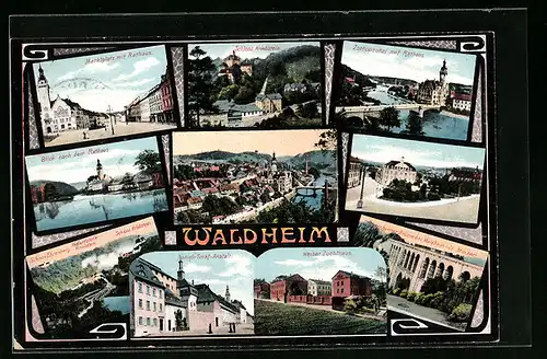 AK Waldheim, Marktplatz mit Rathaus, Schloss Kriebstein, Zschopautal mit Rathaus