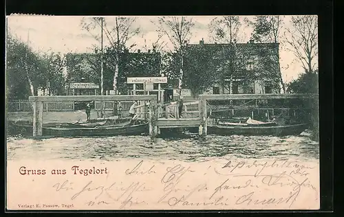 AK Berlin-Tegelort, Restaurant Schwan, Bootsanleger