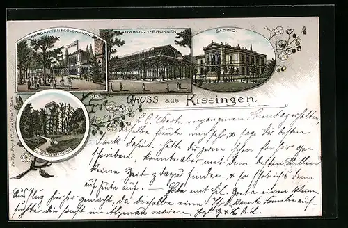Lithographie Kissingen, Kurgarten & Colonnaden, Rakoczy-Brunnen, Casino, Ludwigsthurm