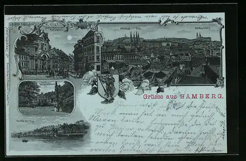 Mondschein-Lithographie Bamberg, Partie am Bug, Forsthaus Kunigundenruhe, Grüner Markt mit der Martinskirche
