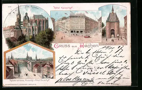 Lithographie Aachen, Hotel Kaiserhof, Das Münster, Theaterstrasse