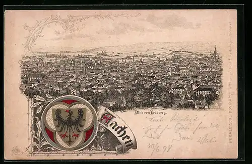 Lithographie Aachen, Blick vom Lousberg auf den Ort, Wappen