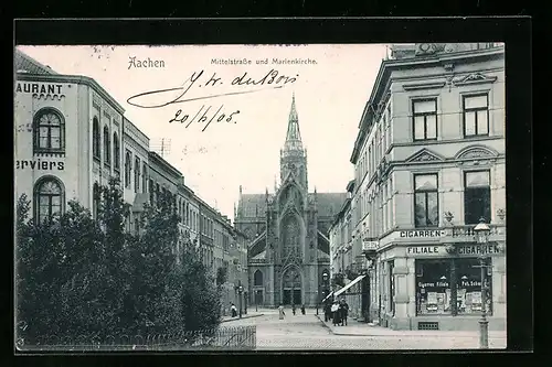 AK Aachen, Mittelstrasse mit Restaurant, Zigarrengeschäft und Marienkirche