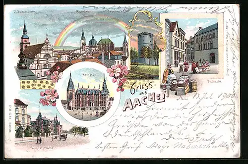 Lithographie Aachen, St. Foilankirche mit Münster und Jesuitenkirche, Pulverturm, Fischmarkt