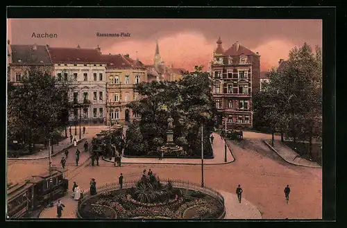 AK Aachen, Hansemann-Platz mit Denkmal und Strassenbahn