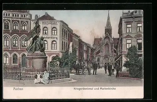 AK Aachen, Hotel-Restaurant Ville de Verviers mit Marienkirche und Kriegerdenkmal