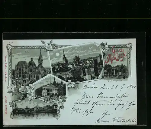 Mondschein-Lithographie Aachen, Theater, Dom, Weiher