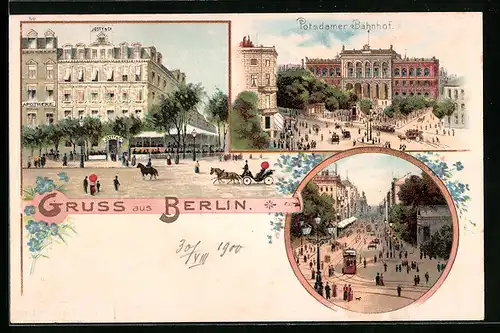 Lithographie Berlin, Gasthaus Josty & Co. und Apotheke, Potsdamer Bahnhof, Strassenpartie mit Strassenbahn
