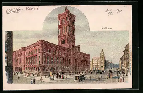 Lithographie Berlin, Rathaus mit Strassenbahn, Spandauer Strasse
