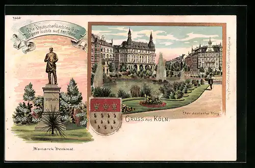 Lithographie Köln, Bismarck Denkmal, Der deutsche Ring, Wappen