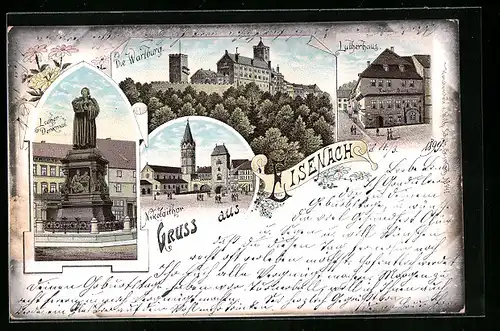 Lithographie Eisenach, Die Wartburg, Lutherhaus, Nikolaitor