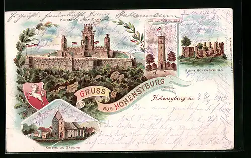 Lithographie Hohensyburg, Ruine Hohensyburg, Kaiser Wilhelm-Denkmal, Kirche zu Syburg