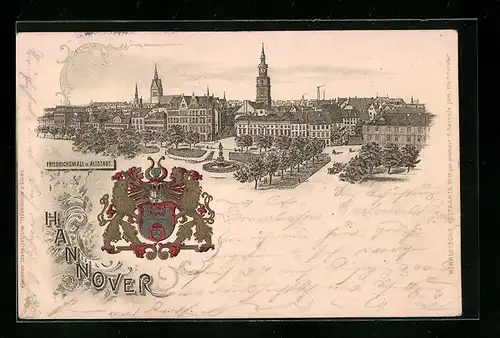 Lithographie Hannover, Altstadt und Strasse Friedrichswall, Wappen