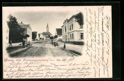 AK Schwabmünchen, Strassenpartie mit Kirchturm