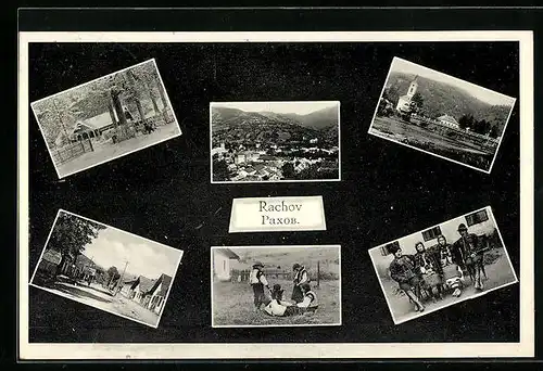 AK Rachov, Ortspartie, Strassenpartie, Kinder in Tracht