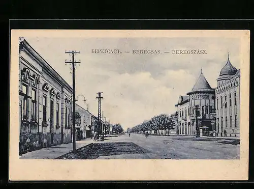 AK Beregszász, Strassenpartie mit Passanten