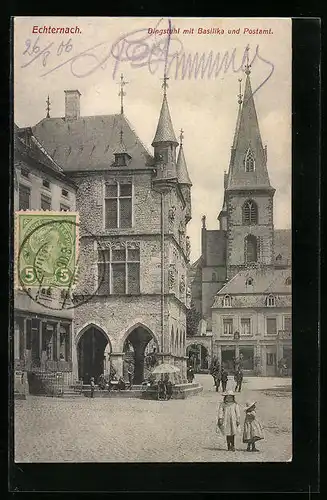 AK Echternach, Dingstuhl mit Basilika und Postamt