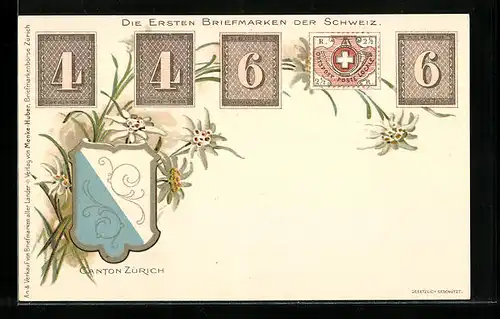 Lithographie Erste Briefmarken aus der Schweiz, Wappen von Zürich