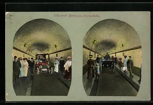 AK Hamburg-Steinwärder, Elbtunnel mit Automobil, Fussgängern, Pferdekutsche