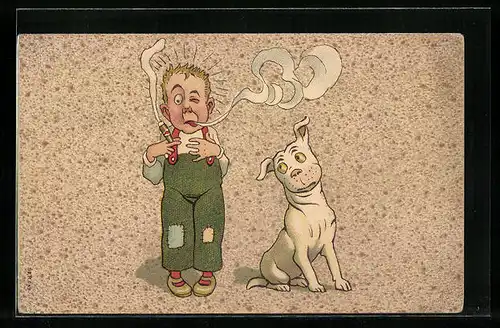 Künstler-AK Herr beim Rauchen mit Hund