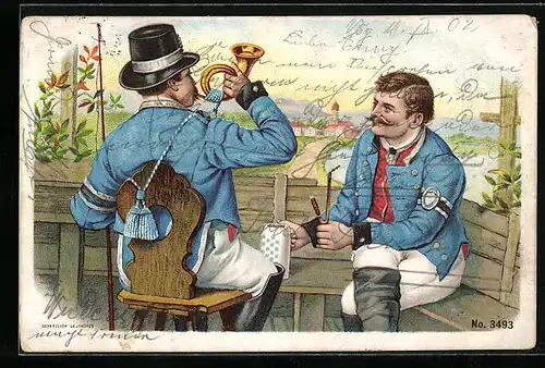 Lithographie Briefträger mit Posthorn, Brief