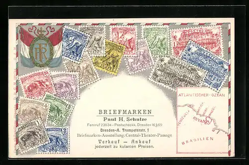 AK Briefmarken aus Franz. Guyana mit Landkarte