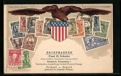 AK Briefmarken und Wappen der Vereinten Staaten von Amerika