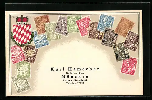 AK Briefmarken, Karl Hamecher, München, Luisen-Str. 41