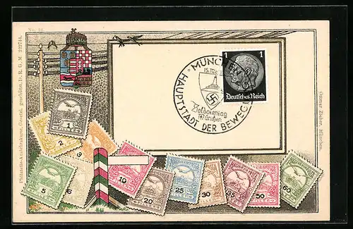 AK Ungarische Briefmarken mit Wappen