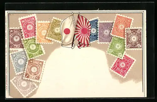 Künstler-AK Japan, Briefmarken und Flaggen