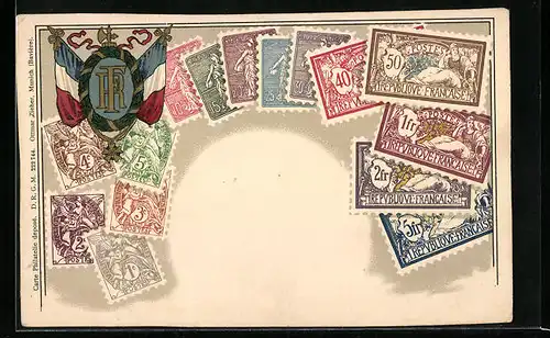 AK Frankreich, Briefmarken & Wappen
