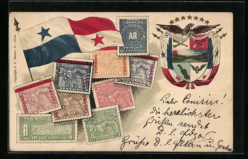 AK Briefmarken aus Panama mit Wappen