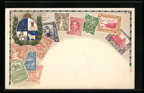 AK Uruguay, Briefmarken und Wappen des Landes