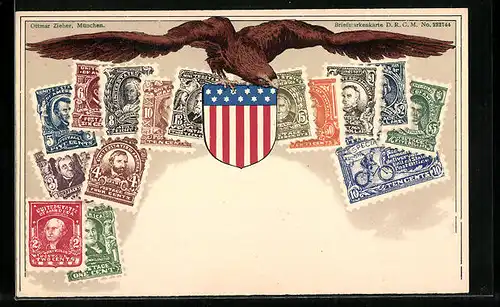 AK Briefmarken und Wappen der Vereinten Staaten von Amerika