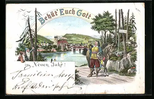 Lithographie Säckingen, Behüt` Euch Gott, Trompeter mit Pferd vor der Stadt