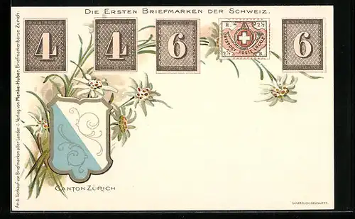 Lithographie Erste Briefmarken aus der Schweiz, Wappen von Zürich