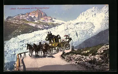 AK Postkutsche auf der Furkastrasse mit Rhonegletscher