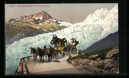 AK Postkutsche auf der Furkastrasse mit Rhonegletscher