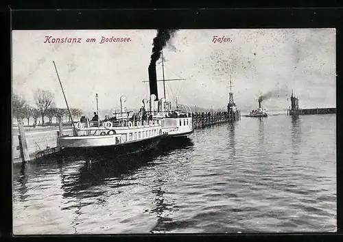 AK Konstanz am Bodensee, Hafen mit Dampfer