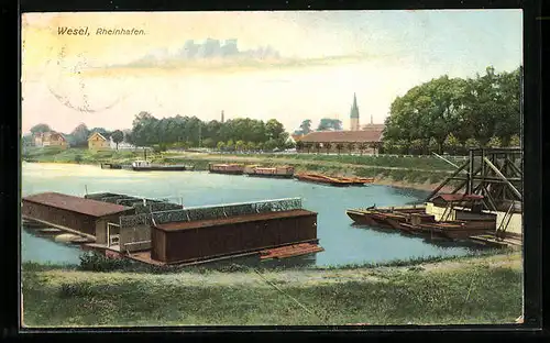 AK Wesel, Rheinhafen mit Blick auf Kirche