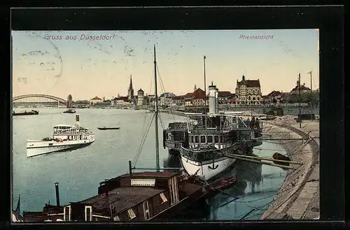 AK Düsseldorf, Hafenpartie mit Stadtblick