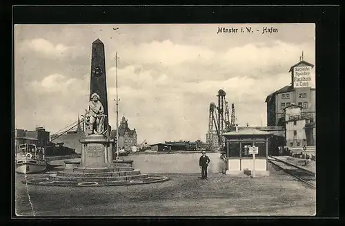 AK Münster i. W., Hafenpartie mit Denkmal