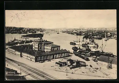 AK Göteborg, Hafen mit Güterzug aus der Vogelschau