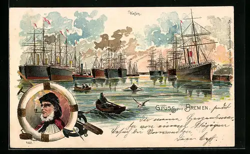 Lithographie Bremen, Hafen mit Booten und Dampfern