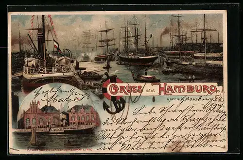 Lithographie Hamburg, Hafenpartie und Passagierhallen der Amerika-Linie