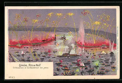 Lithographie Gneève, Fête de Nuit, Feuerwerk im Hafen, Embrasement et bombardement des jetées