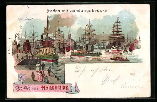 Lithographie Hamburg, Hafen mit Landungsbrücke