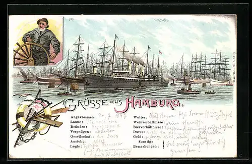Lithographie Hamburg, Hafenbild, Seemann am Steuerrad