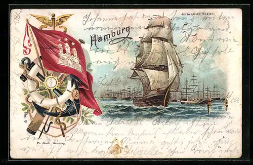 Lithographie Hamburg, Im Segelschiffhafen, Flagge mit Wappen