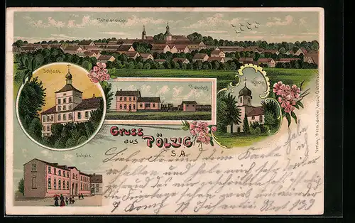 Lithographie Pölzig i. S.-A., Totalansicht mit Schloss und Kirche